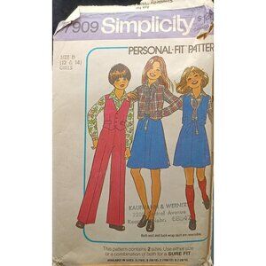 Vintage Simplicity 7909 Girls Personal-Fit Pattern D Size 12/14 1970s Sewing Pat